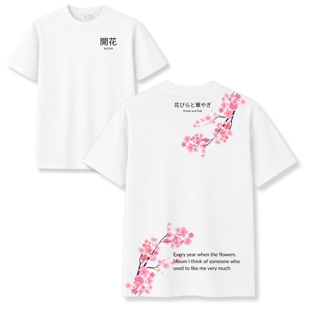 White Japanese Cherry Blossom T-Shirt – Bloom (開花) Sakura Graphic Tee | Petals and Flair Minimalist Streetwear - Custom Football Jerseys